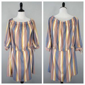 BLUSH White Yellow Blue Striped Elastic Shoulder Waist Spring Dress Plus Size 3X